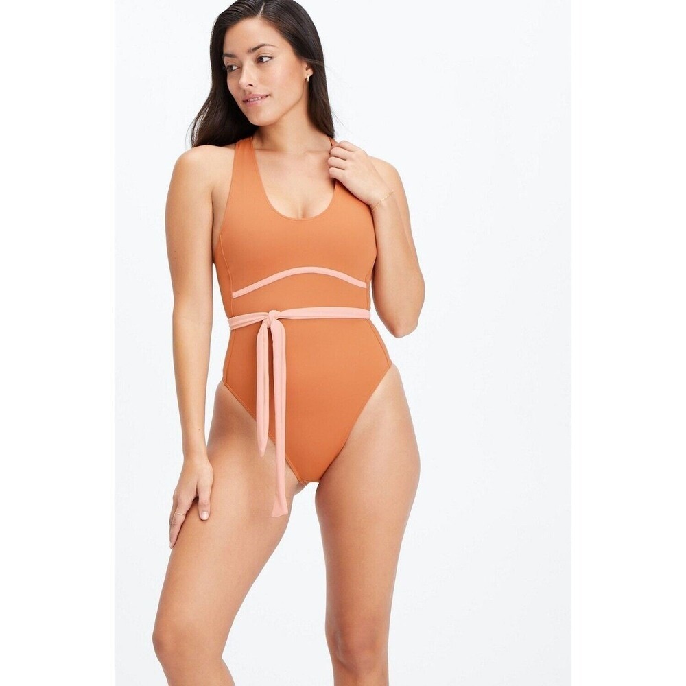 Fabletics Women Sporty Gabriella One Piece Swimsuit 3X Orange Pink Tie Waist NEW